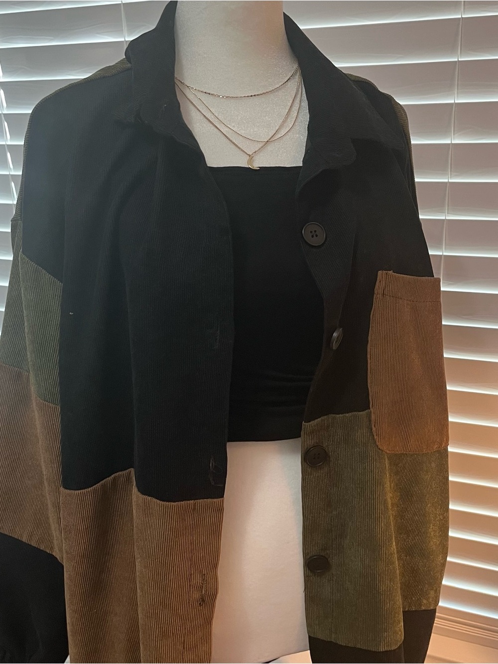 Black and Brown Colorblock Corduroy Button-Up Jacket
